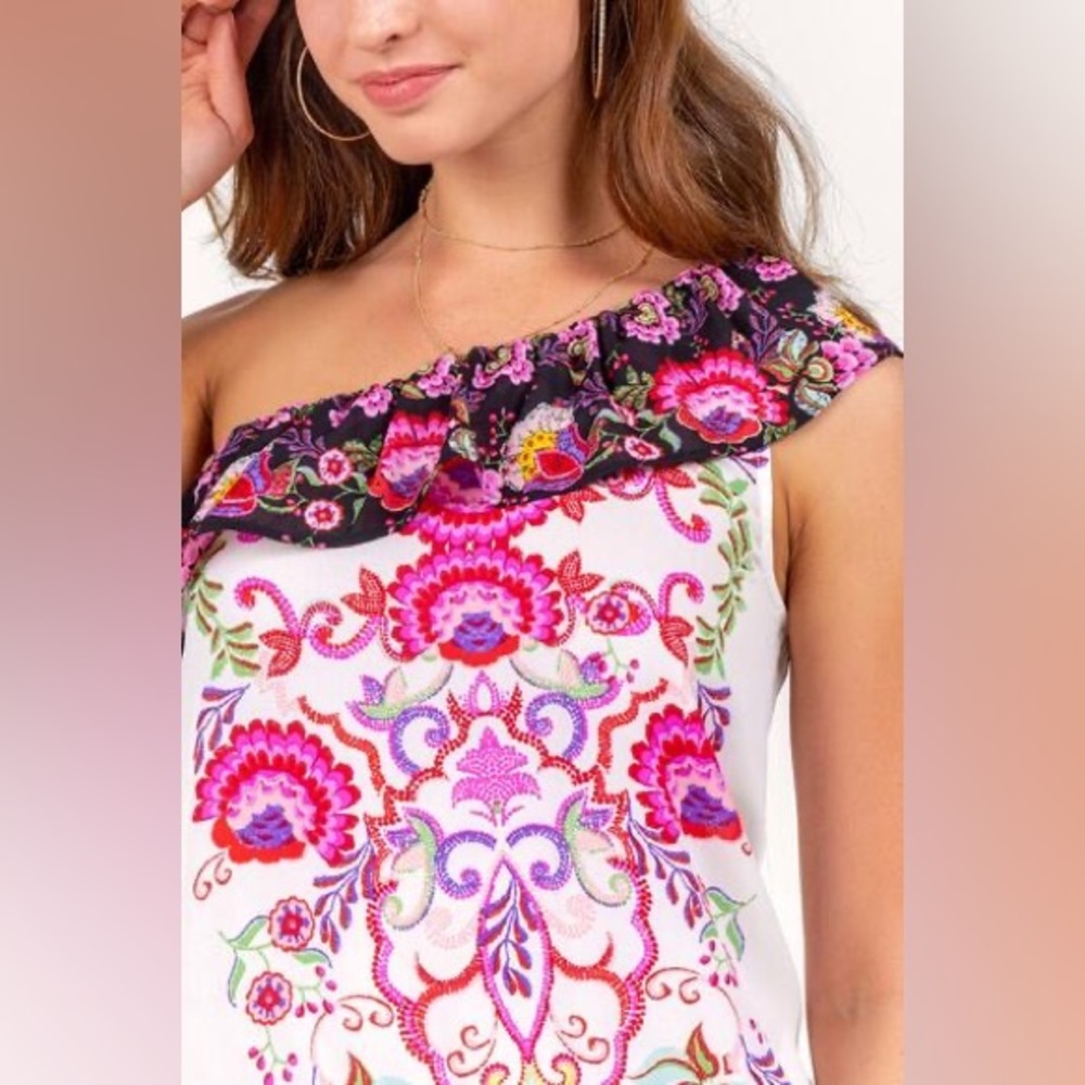 Francesca’s One Shoulder Floral Ruffle Top - Picture 15 of 16